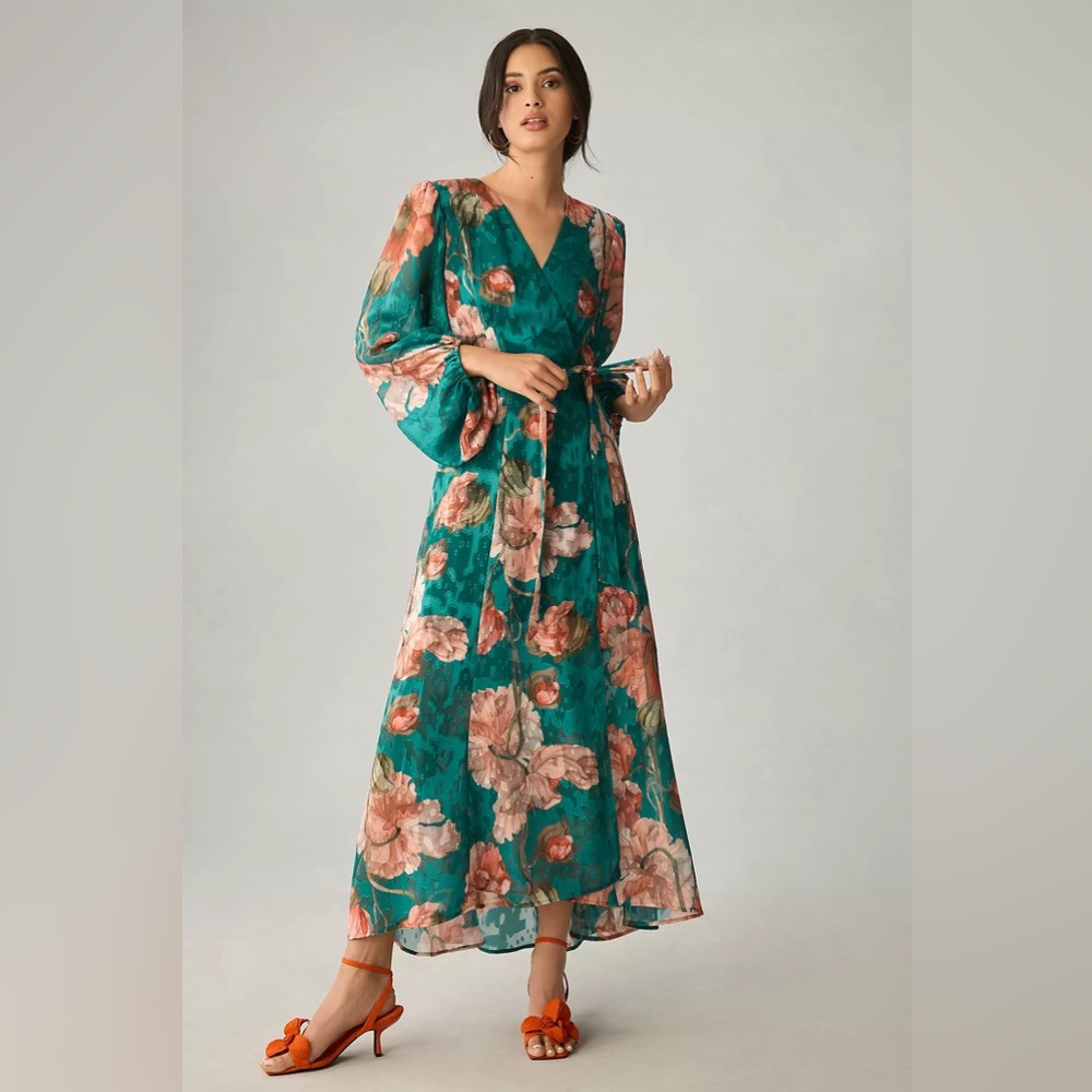 Hutch Floral V-Neck Textured Maxi Wrap Dress